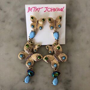 BETSEY JOHNSON Butterfly Rhinestone Gold Tone Blue Green Dangle Post Ear…